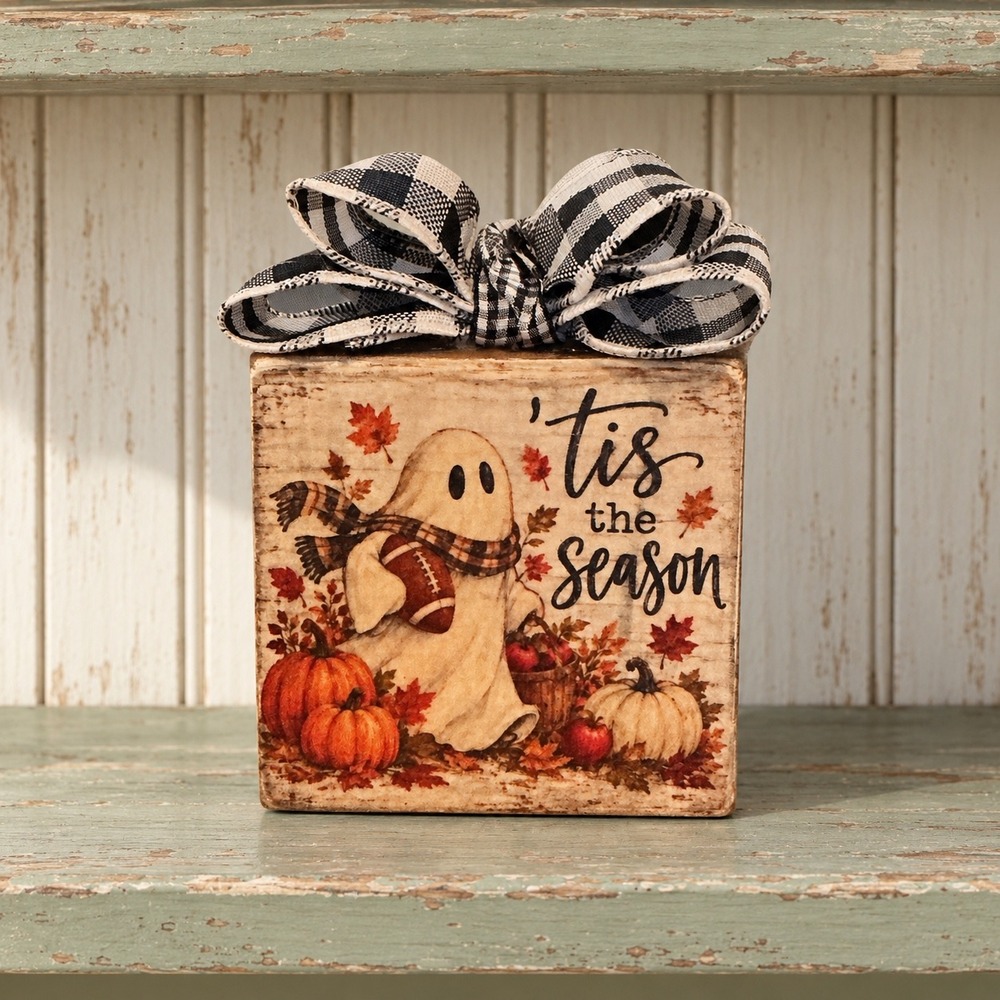 Handmade Fall Ghost Football Wood Block Decor Tis The Season Gingham Bow 4x4x1.5